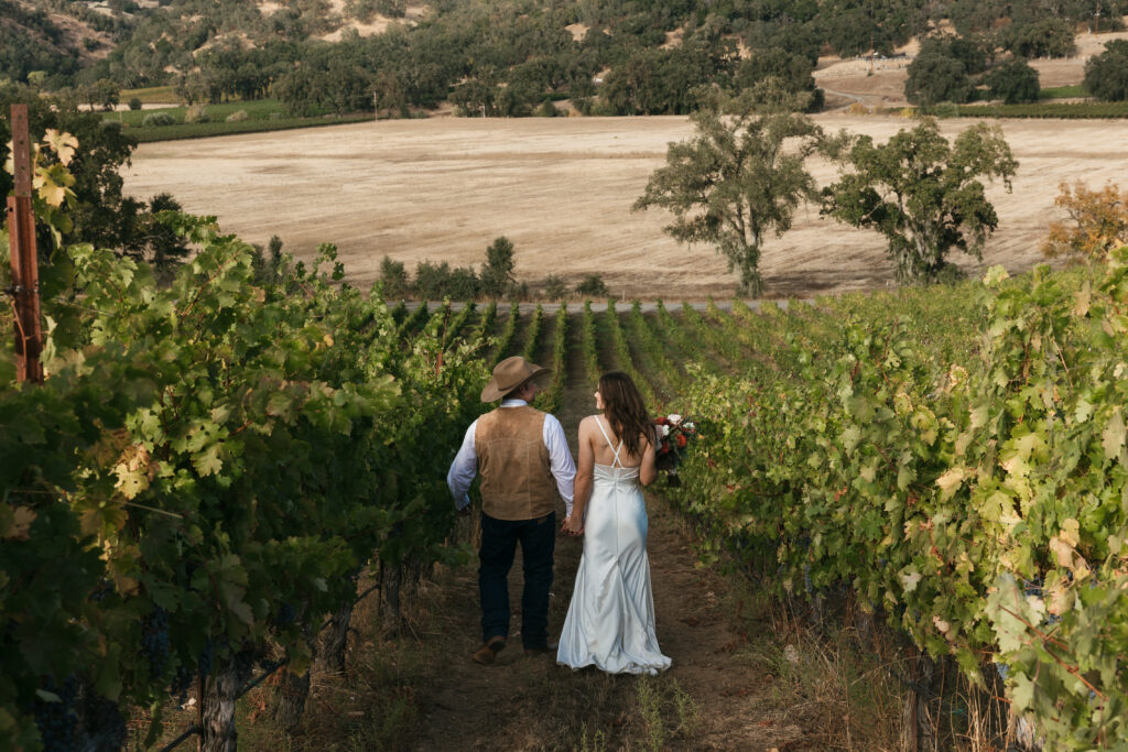Bride and groom go for a vineyard walk in Northern California