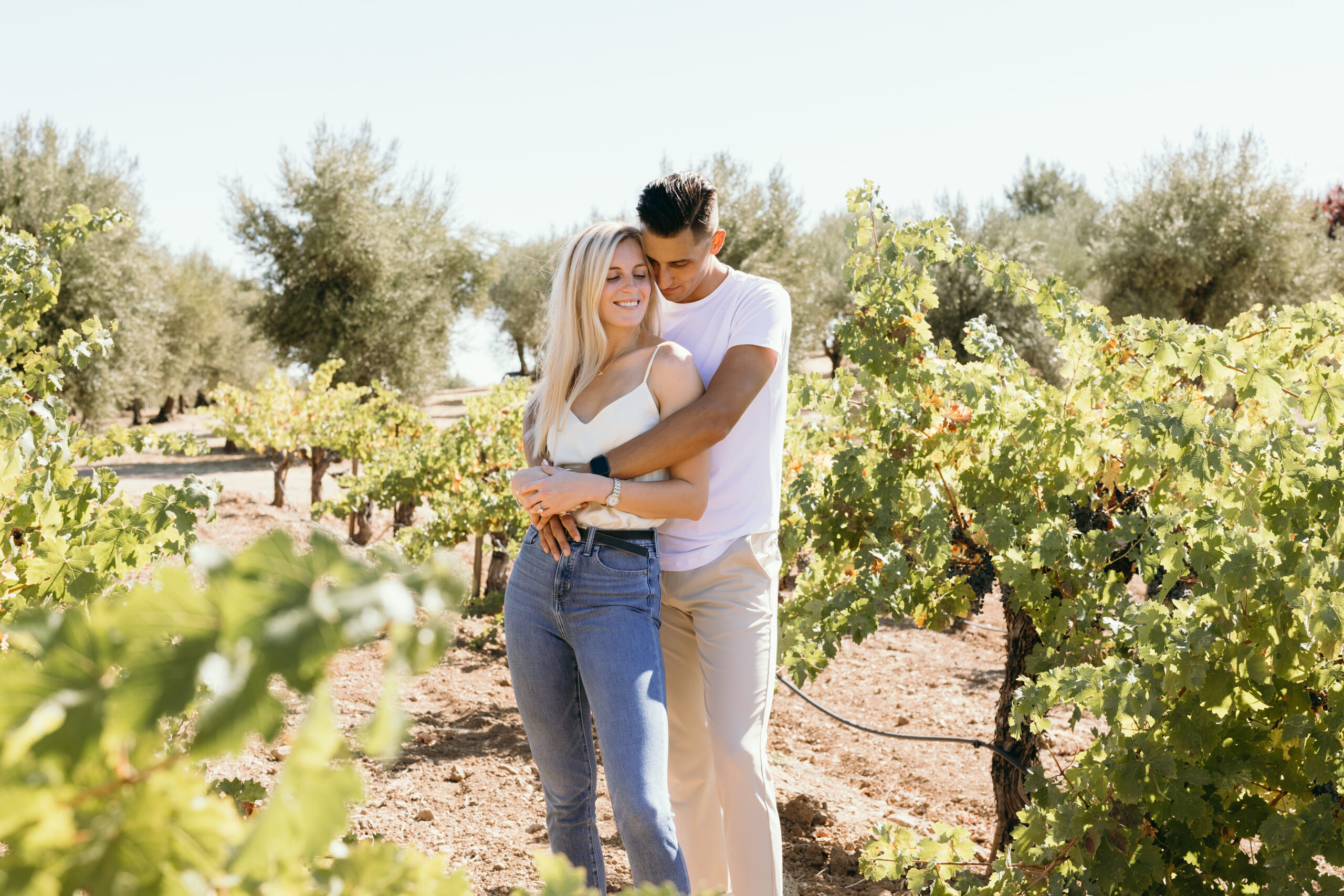 Couples snuggles up in the vineyards of Northern California